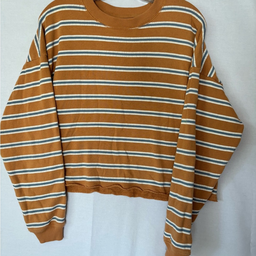 American Eagle Outfitters Yellow and White Striped Crew Neck Cropped Sweatshirt
